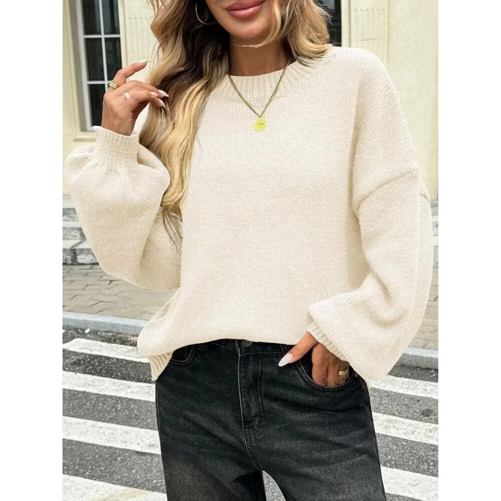 Women’s Oversized Chunky Knit Sweater Lantern Sleeve Mock Neck Casual Top